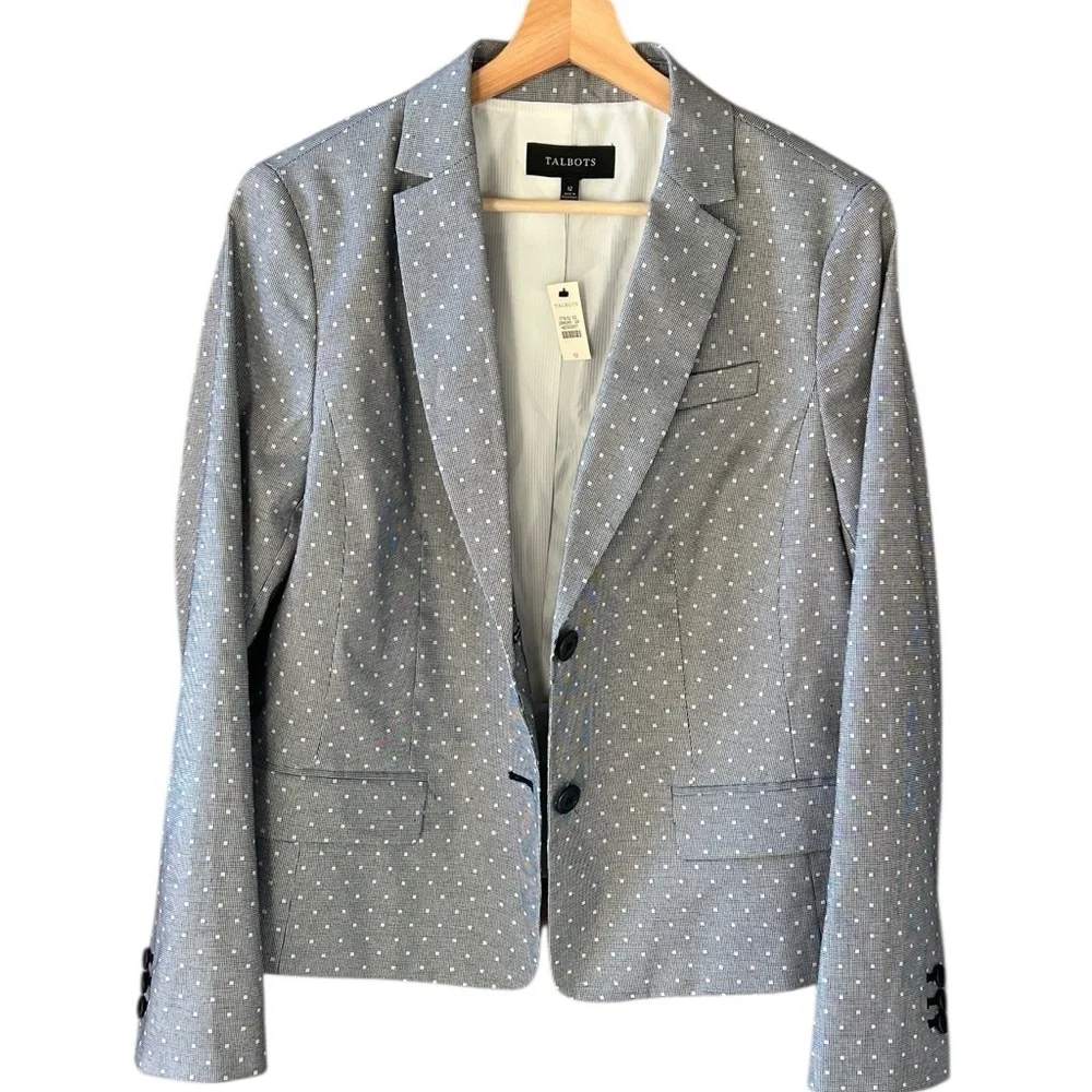 Talbots New w Tag Sz 12 Gray Polkadot Textured Essential Blazer Cotton Spandex